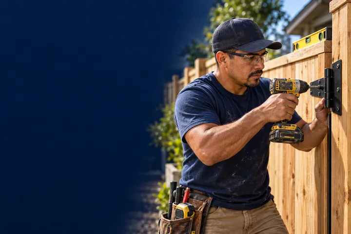 A fence builder installing gate hardware on a new wooden residential fence