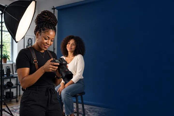 A woman photographer reviewing images with a portrait client in a professional studio