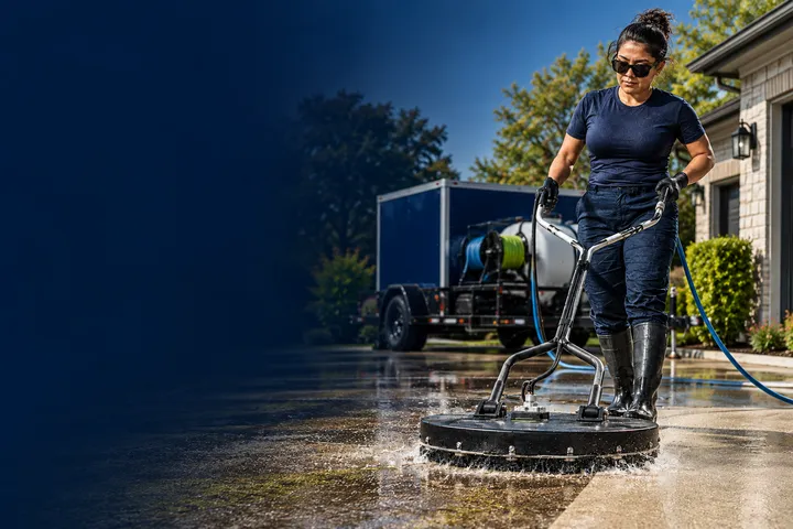A woman operating professional surface-cleaning equipment on a residential driveway