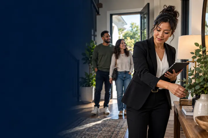 A woman real estate professional preparing a home while clients arrive for a viewing
